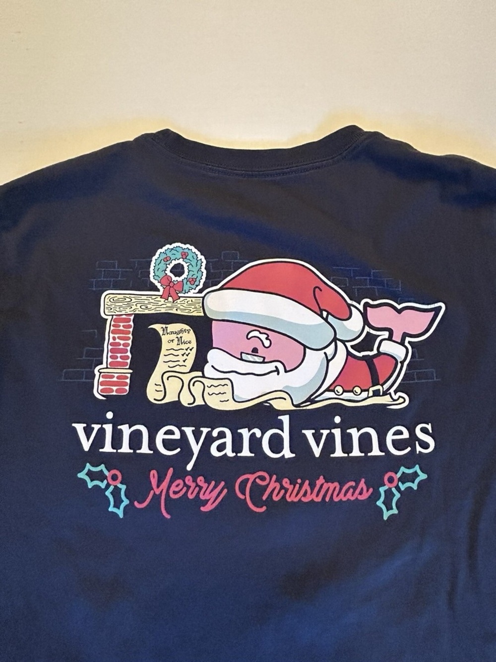 Vineyard Vines Navy Santa Whale Holiday Tee with Pink and Red Accents